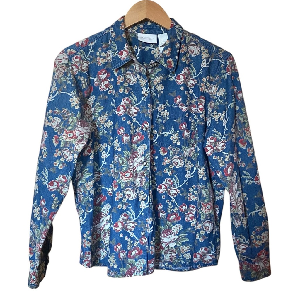 Liz Claiborne Denim Floral Vintage 90s Lizwear Jeans Button Up Shirt L
